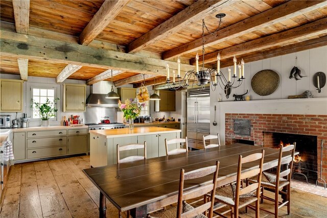 kitchen featuring a fireplace, light hardwood / wood-style flooring, and wood ceiling