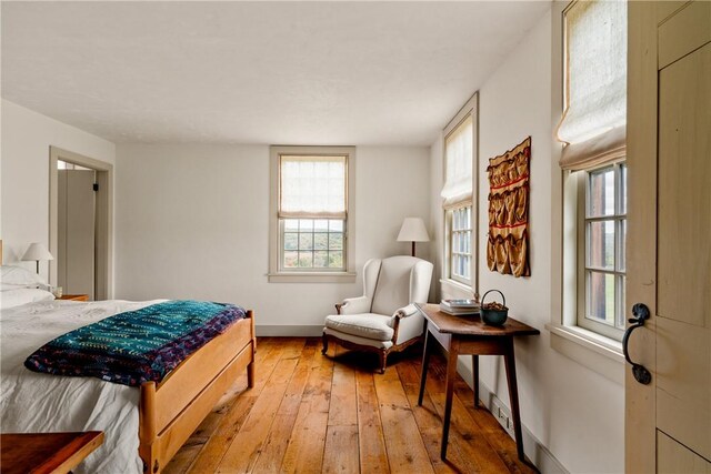 bedroom featuring light wood-type flooring and multiple windows