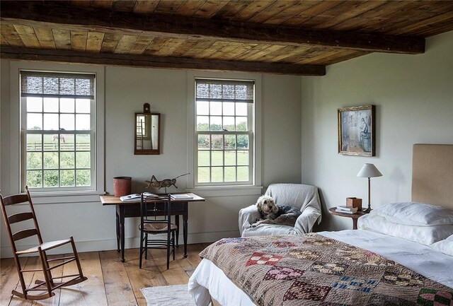 bedroom with light hardwood / wood-style floors, wooden ceiling, and multiple windows