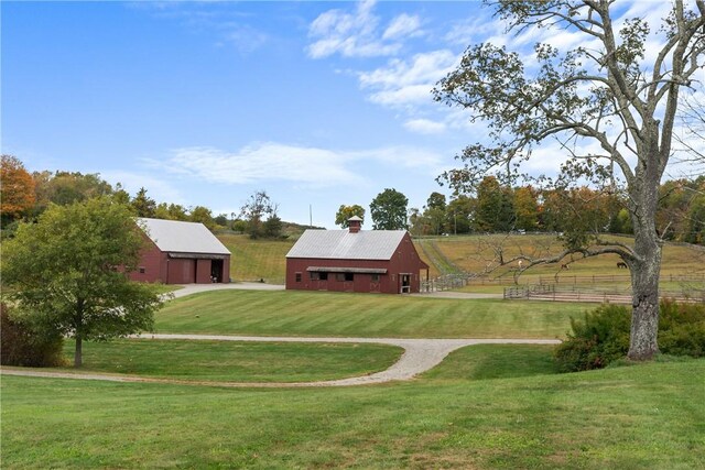 exterior space with a lawn, an outbuilding, and a rural view