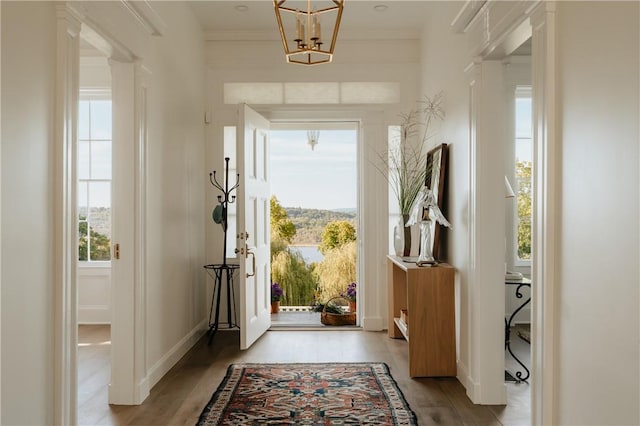 doorway featuring an inviting chandelier and light hardwood / wood-style flooring