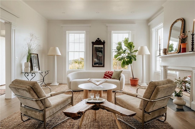 sitting room with crown molding and light wood-type flooring