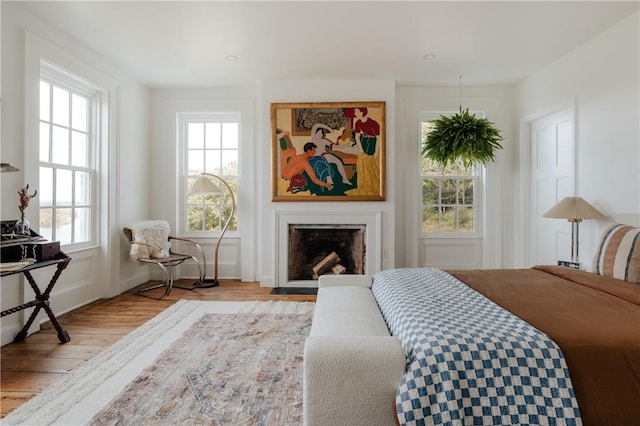 bedroom featuring multiple windows and light hardwood / wood-style flooring