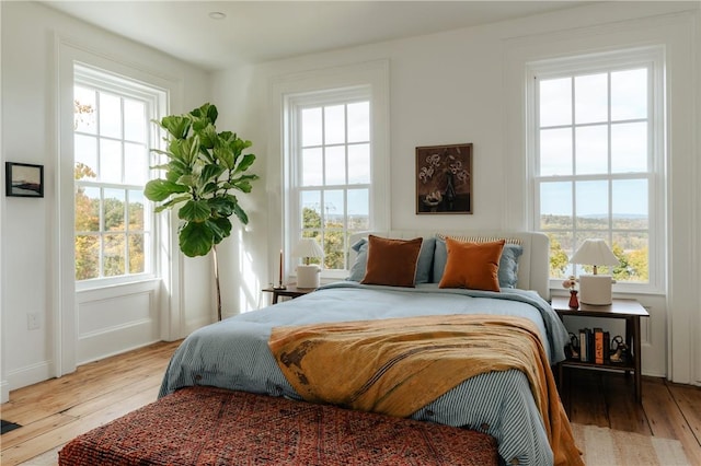 bedroom with multiple windows and light wood-type flooring