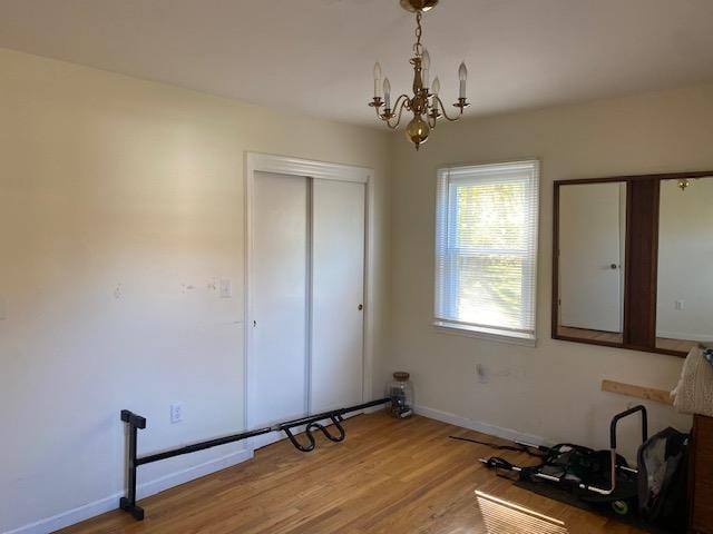 interior space with wood-type flooring, a closet, and a notable chandelier