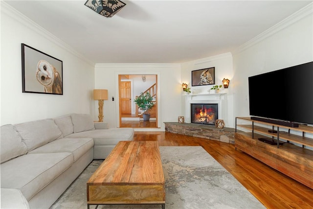 living room with a fireplace, light hardwood / wood-style flooring, and ornamental molding