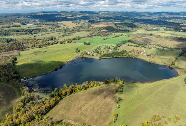 bird's eye view featuring a rural view and a water view