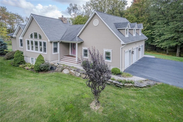 view of front of home featuring a front yard and a garage