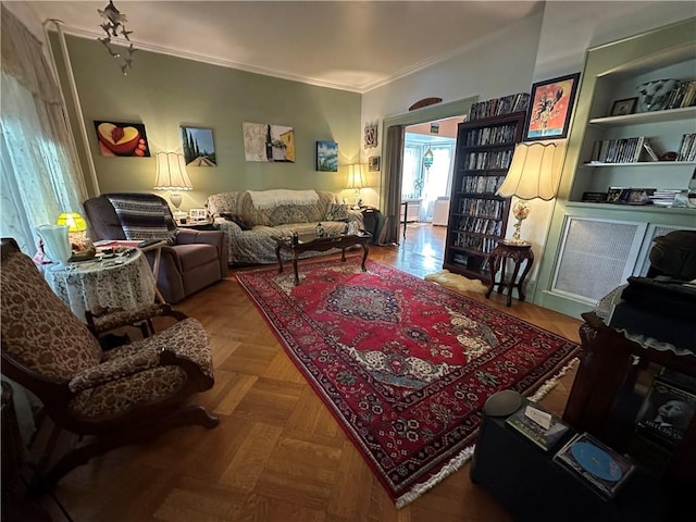 living room featuring parquet flooring and ornamental molding