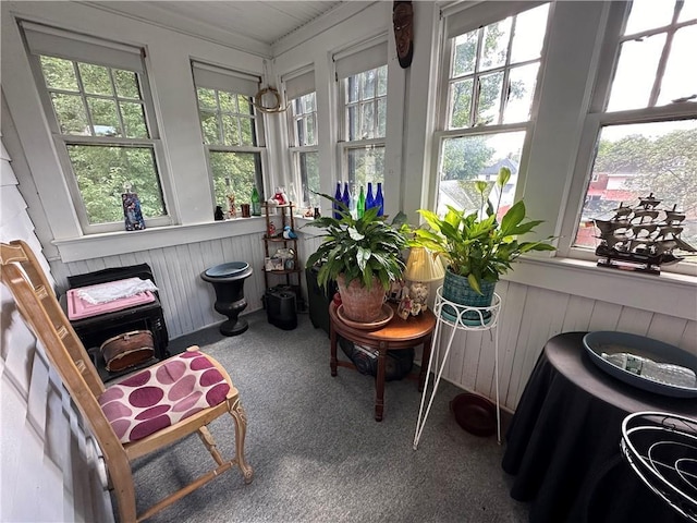 71 High St, Monticello, NY 12701 - sunroom / solarium featuring carpet floors, a wainscoted wall, wood walls, and crown molding