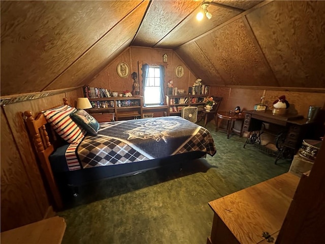 carpeted bedroom featuring lofted ceiling