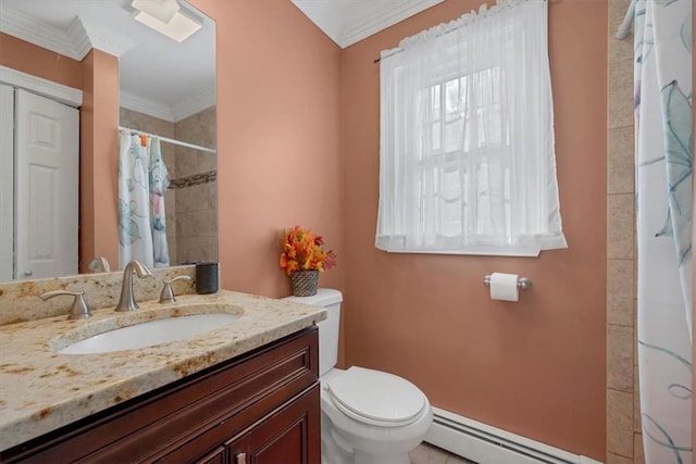 bathroom with curtained shower, a baseboard radiator, toilet, vanity, and ornamental molding