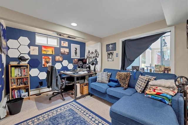 carpeted office space featuring a baseboard radiator