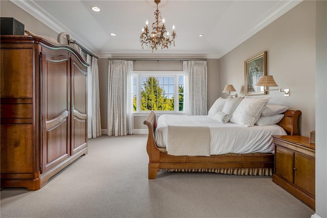 bedroom featuring ornamental molding, light carpet, and a chandelier