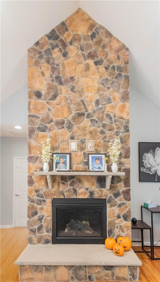 details with hardwood / wood-style floors and a fireplace