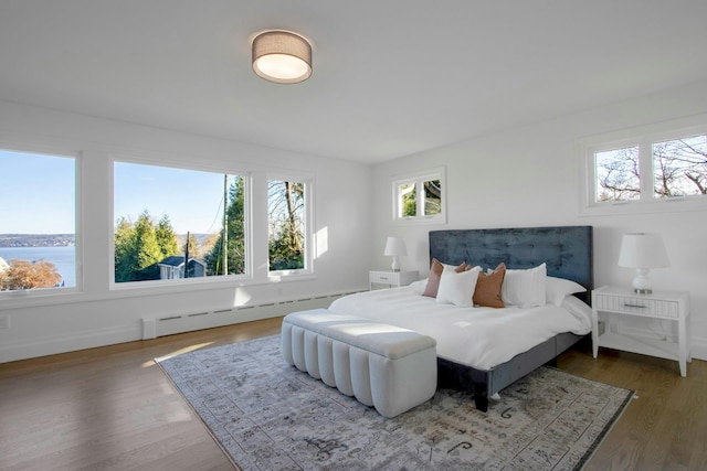 bedroom featuring multiple windows, dark hardwood / wood-style flooring, a water view, and a baseboard heating unit