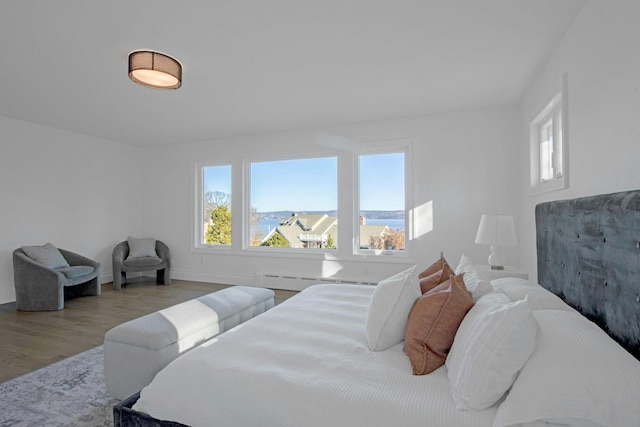 bedroom featuring baseboard heating and wood-type flooring