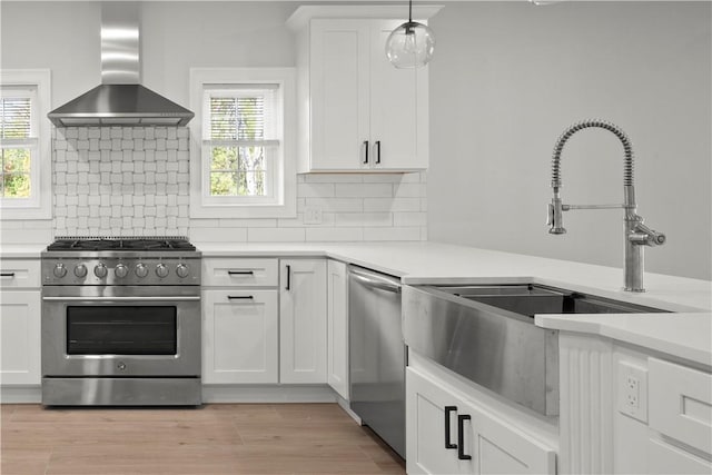 kitchen with sink, wall chimney exhaust hood, plenty of natural light, and appliances with stainless steel finishes