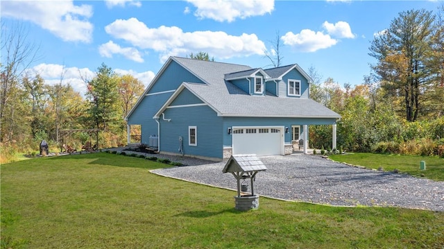 view of side of property featuring a lawn and a garage