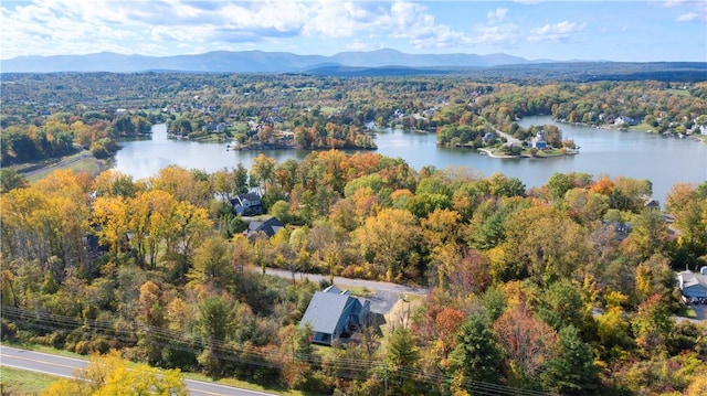 drone / aerial view featuring a water and mountain view