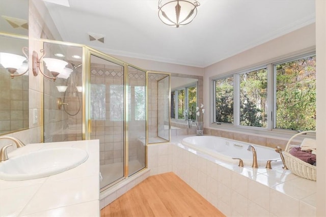 bathroom featuring vanity, a shower with door, and crown molding