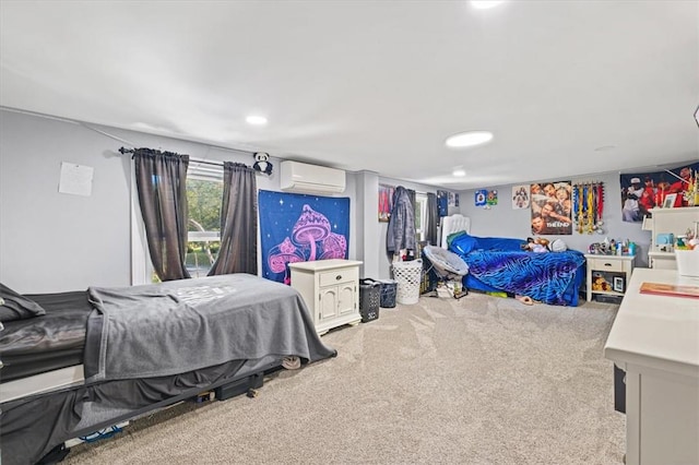 bedroom featuring light carpet and an AC wall unit