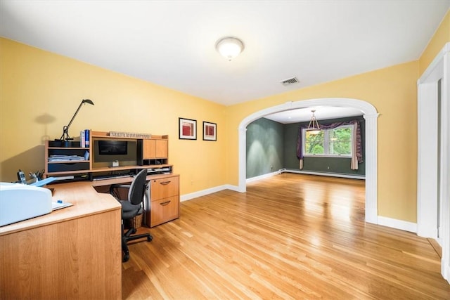 home office featuring light hardwood / wood-style floors