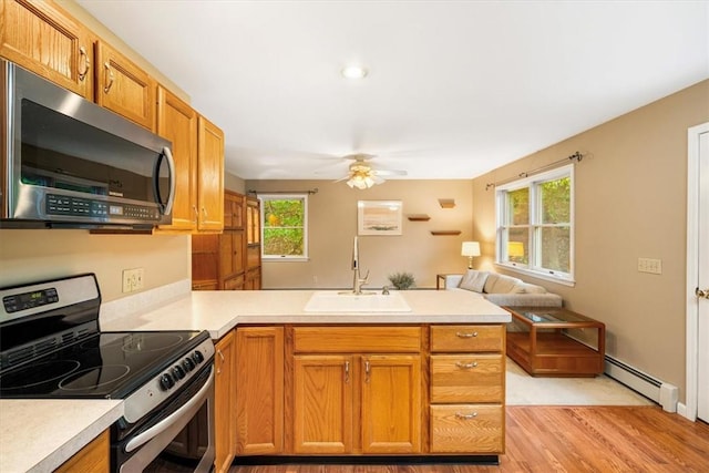 kitchen with kitchen peninsula, appliances with stainless steel finishes, light hardwood / wood-style floors, and a baseboard heating unit