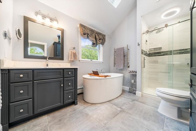 full bathroom with a baseboard radiator, separate shower and tub, toilet, vaulted ceiling with skylight, and vanity