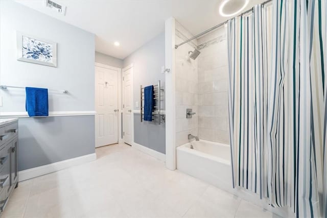 bathroom with shower / bath combination with curtain and vanity