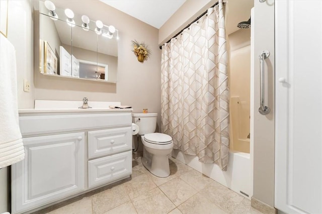 full bathroom with tile patterned flooring, vanity, toilet, and shower / bath combo with shower curtain