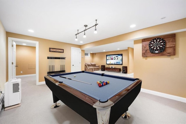 recreation room with light carpet and billiards