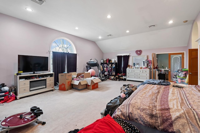 bedroom with lofted ceiling, visible vents, carpet floors, and recessed lighting