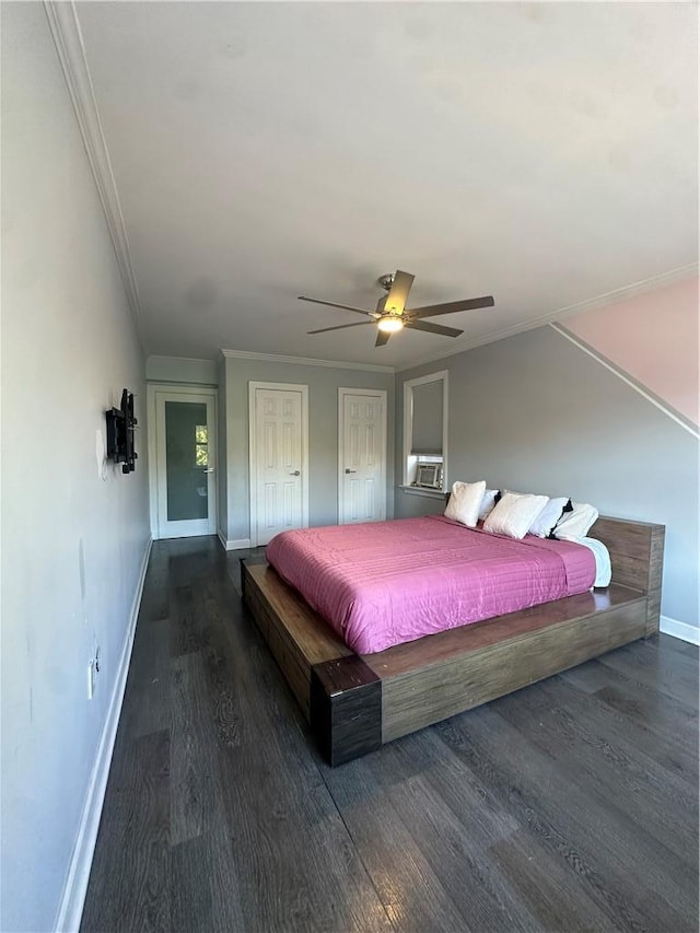 245BRONXRIVERRD Bronx River Rd Unit 3E, Yonkers, NY 10704 - bedroom featuring wood finished floors, baseboards, ornamental molding, two closets, and ceiling fan