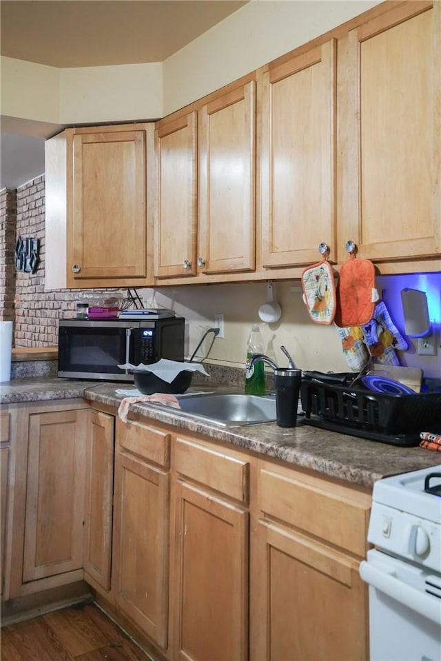 kitchen with light brown cabinetry, dark hardwood / wood-style flooring, electric range, and sink