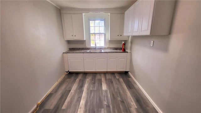 kitchen featuring white cabinets, sink, and dark wood-type flooring