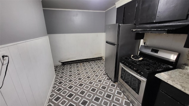 kitchen with stainless steel appliances and ornamental molding