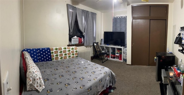 bedroom featuring carpet, radiator heating unit, and a closet