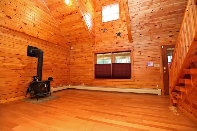 unfurnished living room with wood walls and light hardwood / wood-style flooring