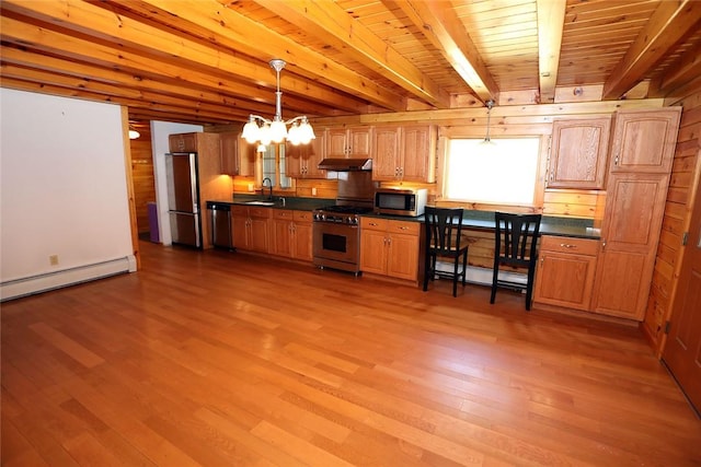 kitchen featuring hardwood / wood-style floors, sink, hanging light fixtures, beam ceiling, and stainless steel appliances