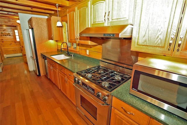 kitchen with wood walls, light hardwood / wood-style floors, sink, and appliances with stainless steel finishes