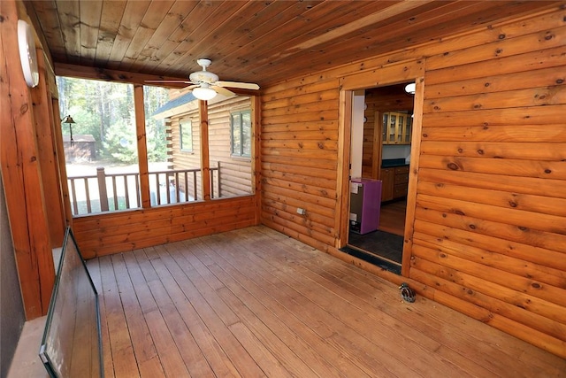 unfurnished sunroom with ceiling fan and wood ceiling