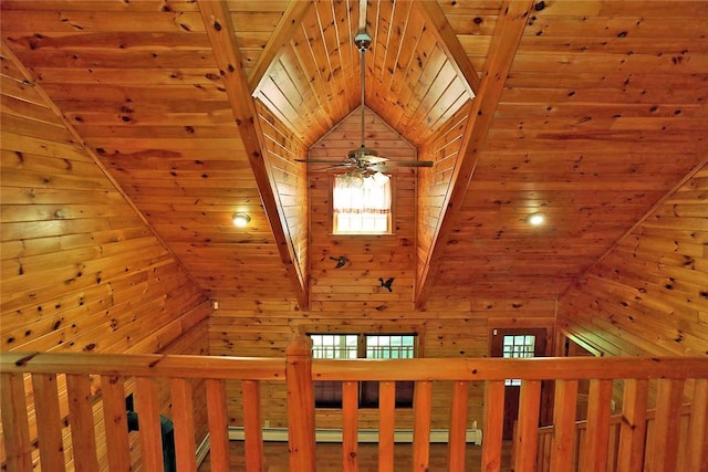 room details with ceiling fan, wood ceiling, and wooden walls