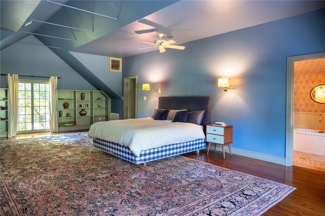 bedroom featuring ceiling fan, wood-type flooring, and connected bathroom