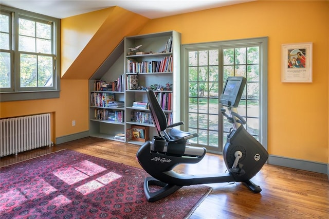 workout area featuring radiator heating unit, light hardwood / wood-style floors, and a healthy amount of sunlight