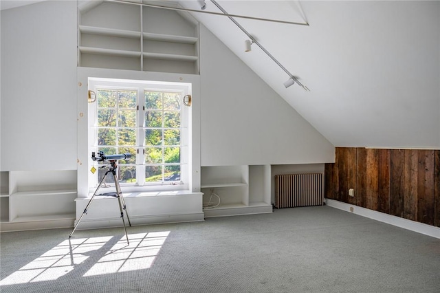 additional living space featuring lofted ceiling, wood walls, radiator heating unit, and light carpet