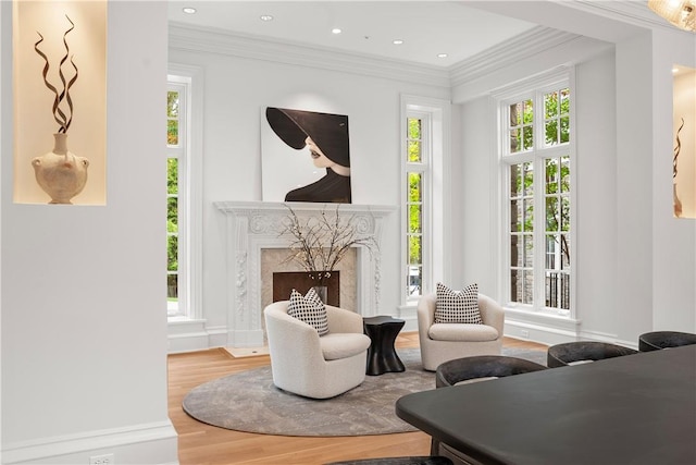 living area featuring crown molding, wood-type flooring, a fireplace, and a wealth of natural light