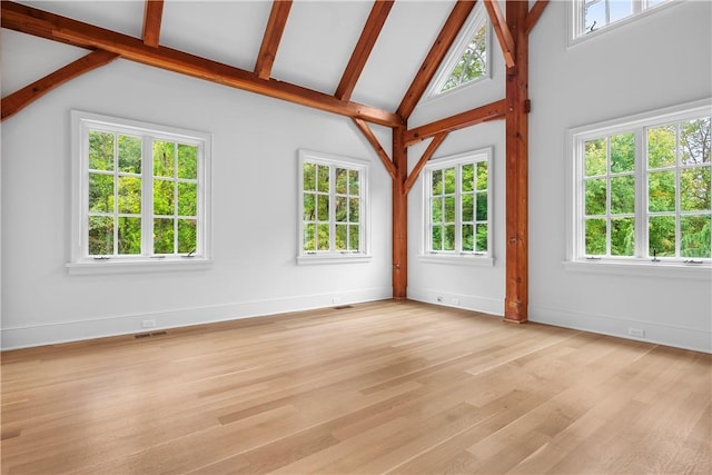 unfurnished living room with beam ceiling, plenty of natural light, high vaulted ceiling, and light hardwood / wood-style floors