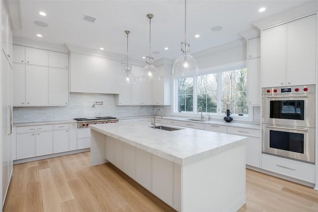 kitchen with sink, white cabinetry, and a center island with sink