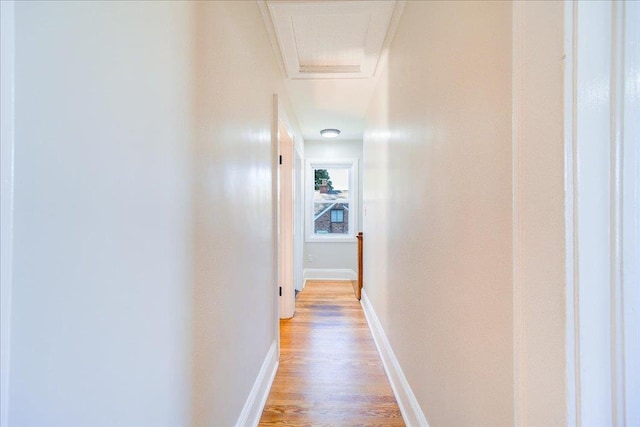 corridor with light hardwood / wood-style floors and ornamental molding